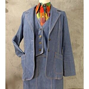 VTG 70s Suit Denim 3 Piece Womens Suit + 70s Wrangler Madras Plaid Cotton Shirt